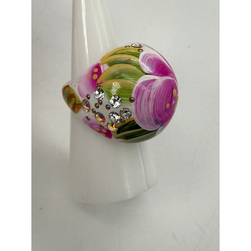 Hand‎ Painted Floral Dome Ring Pink Chunky Sparkly Rhinestone Statement Size 7